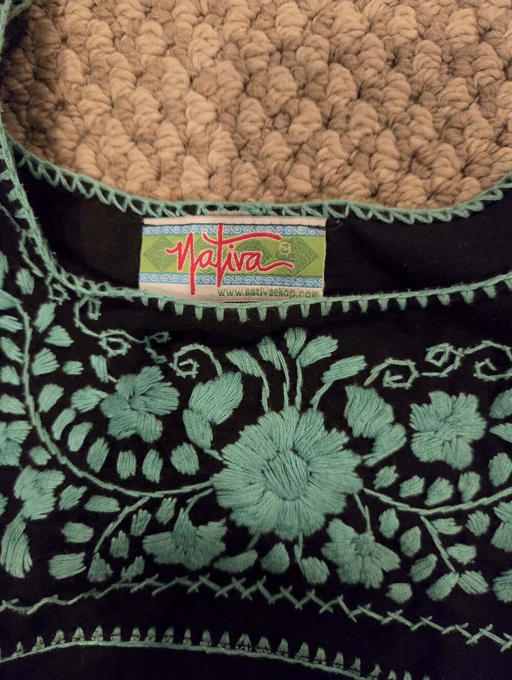 Nativa Black/Turquoise Cotton Embroidered Mexixan Shirt Top Sz XL - Picture 3 of 6